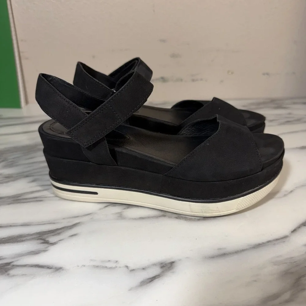 Eileen Fisher Beck Black Sporty Platform Wedge Sandals‎ Sz 7 Nubuck Suede Chunky
